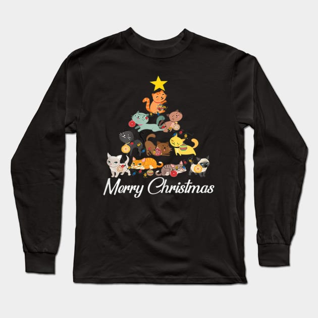 Xmas Noel Lights Star Presents Cats Tree Merry Christmas Long Sleeve T-Shirt by Barnard